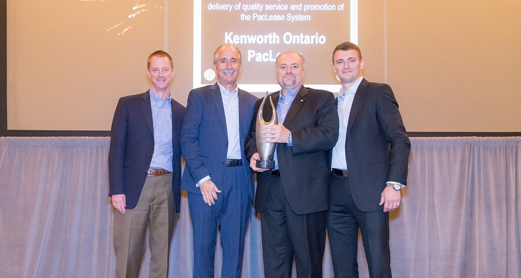 2018 PacLease North American Franchise of the Year - Kenworth - Kenworth Ontario PacLease - Pictured from left to right: Ken Roemer - President, PACCAR Leasing Company, Vince Tarola - President, Kenworth Truck Centres & Kenworth Ontario PacLease, Ernie Tonellotto - General Manager, Kenworth Ontario PacLease, Jake Civitts - Director of Franchise Operations, PACCAR Leasing Company
