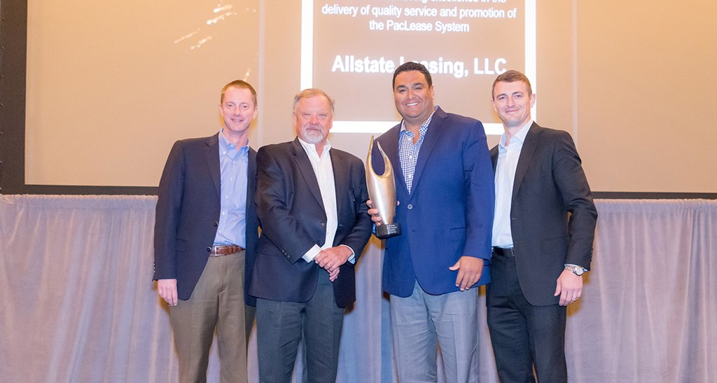 2018 PacLease North American Franchise of the Year - Peterbilt - Allstate Leasing, LLC - Pictured from left to right: Ken Roemer - President, PACCAR Leasing Company, Jeff Vanthournout - President, Allstate Leasing & Allstate Peterbilt Group, Nick Corona - General Manager, Allstate Leasing, Jake Civitts - Director of Franchise Operations, PACCAR Leasing Company
